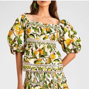 Farm Rio Fruit Orchard Puff Sleeve Lace Up Blouse Womens Small NWT